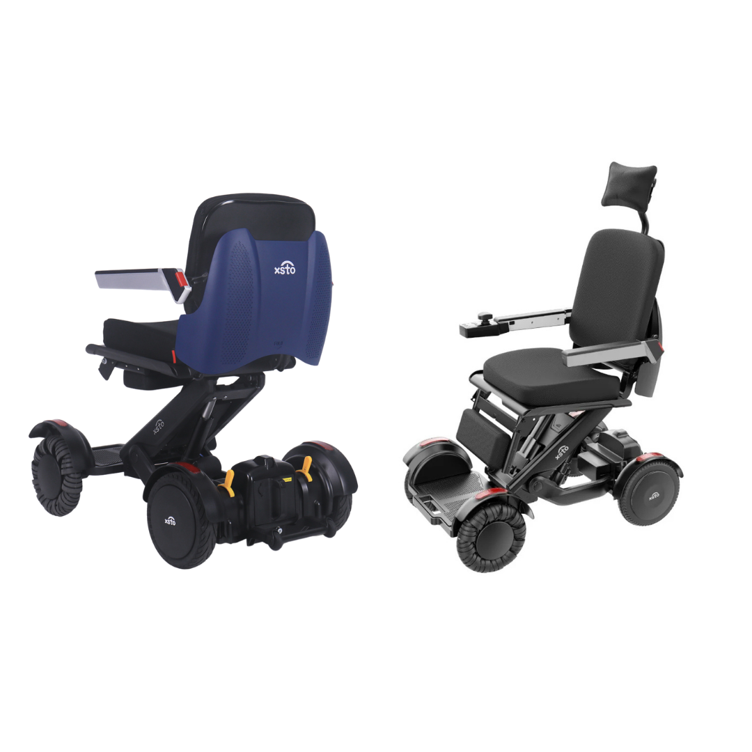 The XSTO Mobility M4 Self-Balancing Powerchair with APP Control is shown side by side: one displays its blue backrest from the rear, while the other highlights its lightweight, foldable design, black seat, headrest, and armrests from the front.